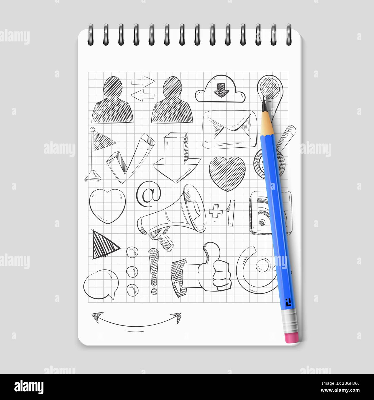Icone dei social media disegnate a mano su notebook realistici. Schizzo dei social network media, elementi schermanti, illustrazione vettoriale Illustrazione Vettoriale