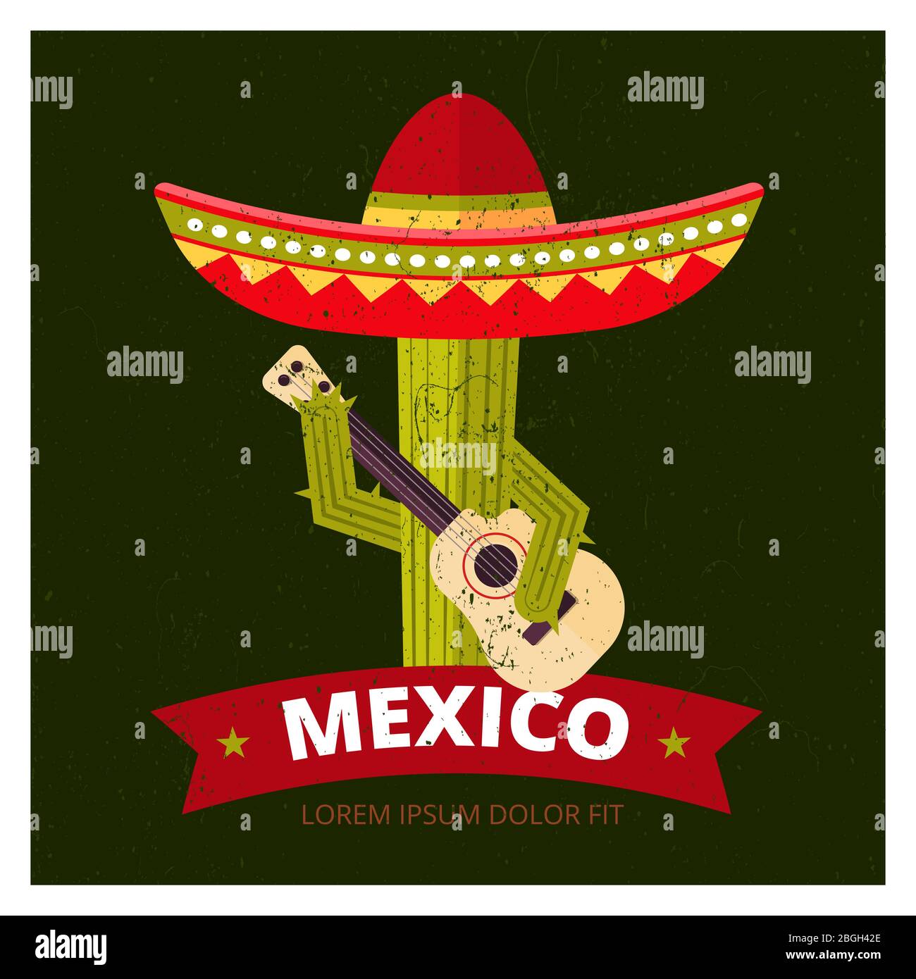 Cute musicista cactus in sombrero poster design - grunge messicano vettore logo illustrazione Illustrazione Vettoriale