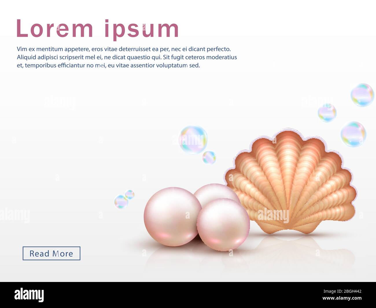 Modello di pagina Web con shell e perle realistiche e bolle colorate. Sfondo vettoriale seashell. Illustrazione di perle e conchiglie sottomarine Illustrazione Vettoriale