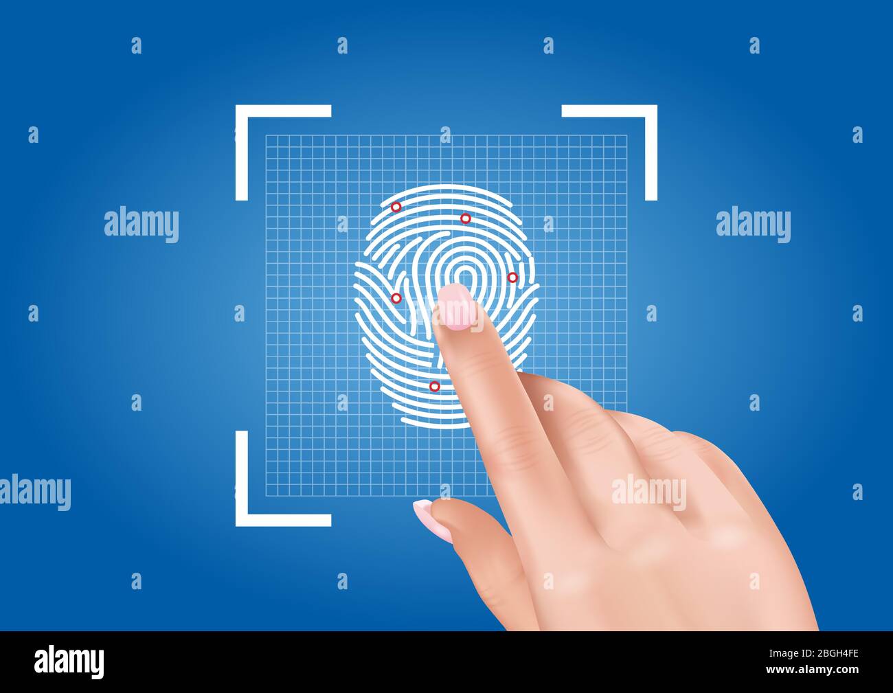 Grafica vettoriale che raffigura la scansione delle impronte digitali garantendo l'accesso alla sicurezza grazie all'identificazione biometrica. Illustrazione Vettoriale