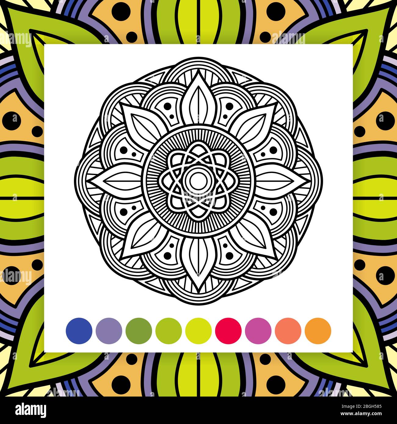 Mandala da colorare per adulti con campione di colore. Elemento decorativo asiatico e orientale. Illustrazione vettoriale Illustrazione Vettoriale