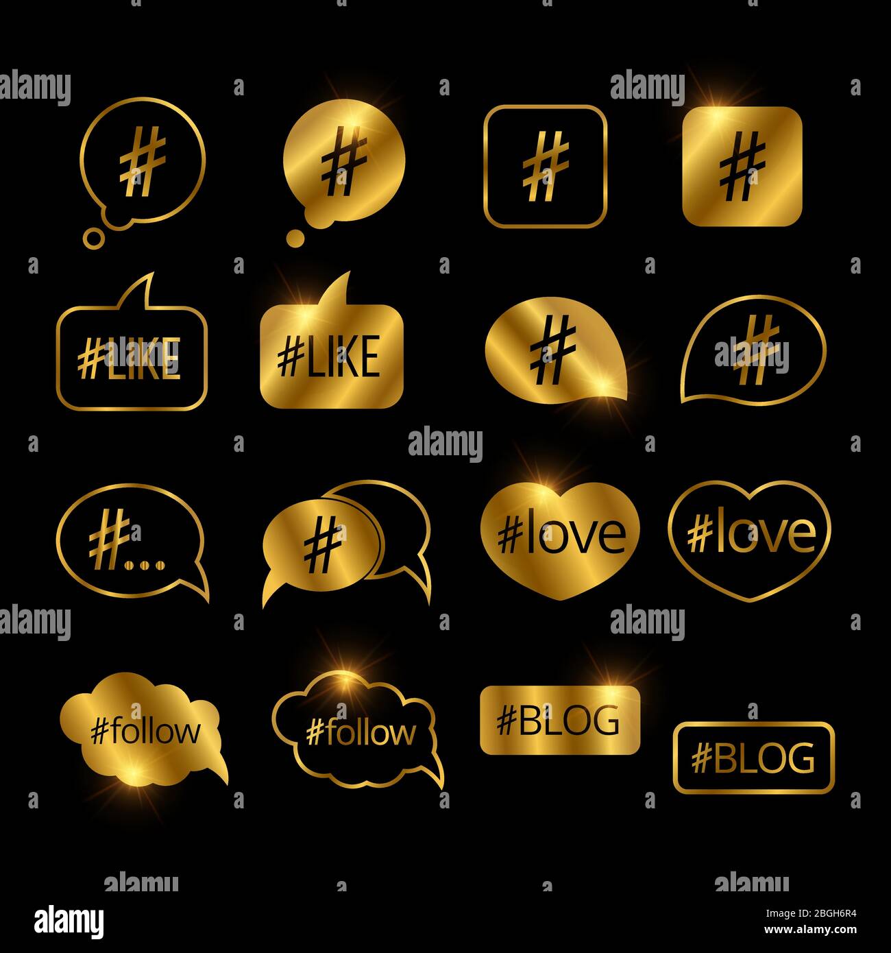 Hashtag dorato post social media vettoriale icone impostato su sfondo nero illustrazione Illustrazione Vettoriale