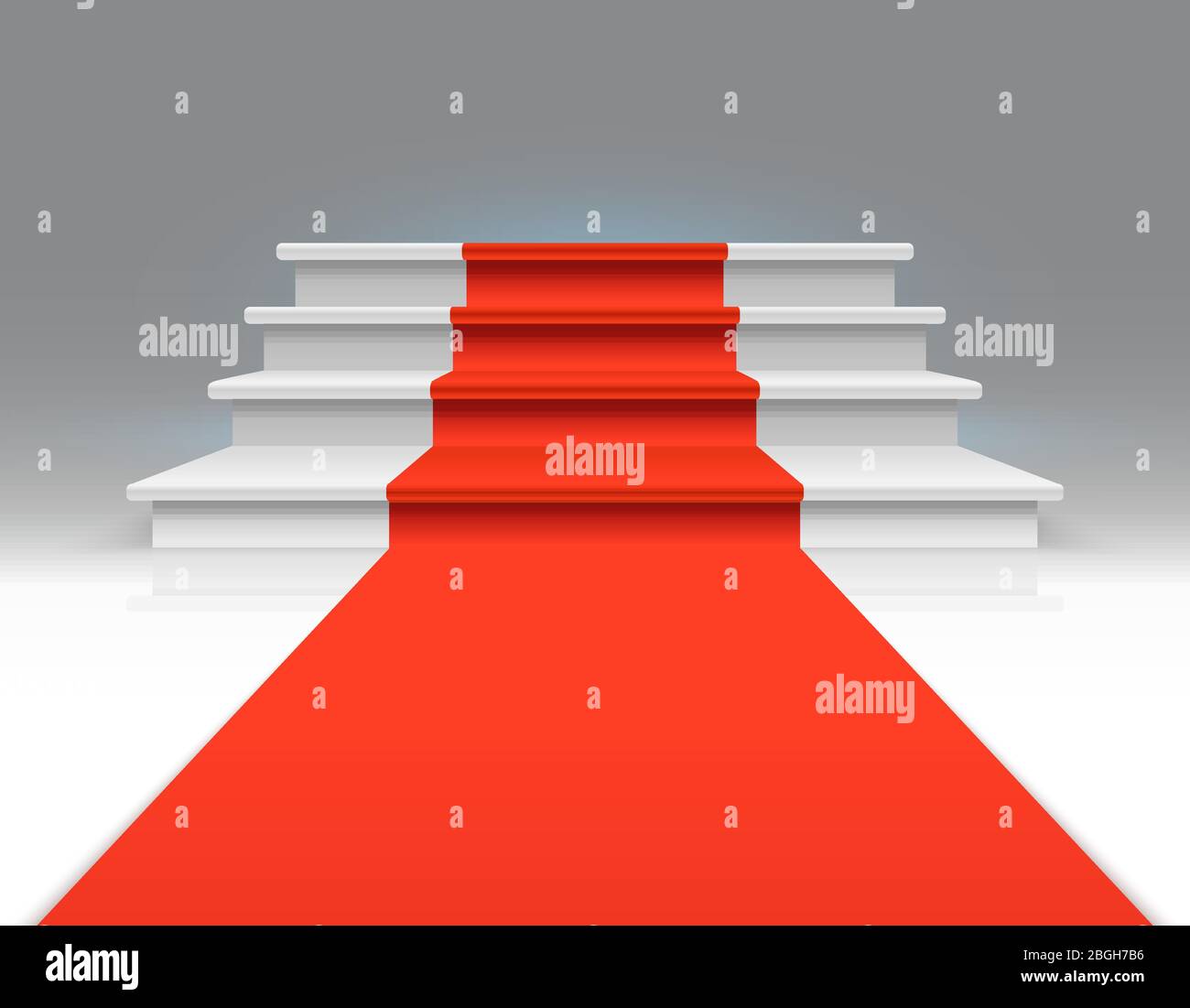 Tappeto rosso su scale bianche. Successo, crescita aziendale e riconoscimento vettore esclusivo background astratto. Tappeto su scala, fino al podio, illustrazione scala Illustrazione Vettoriale