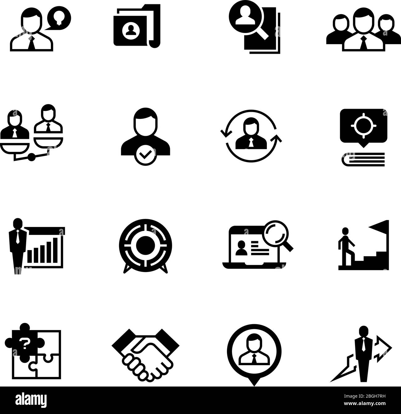 Icone relative alle risorse umane e alla gestione delle persone. Colloqui di lavoro, scelta del dipendente e simboli vettoriali di reclutamento isolati. Illustrazione del lavoro e del dipendente, assunzione in azienda Illustrazione Vettoriale