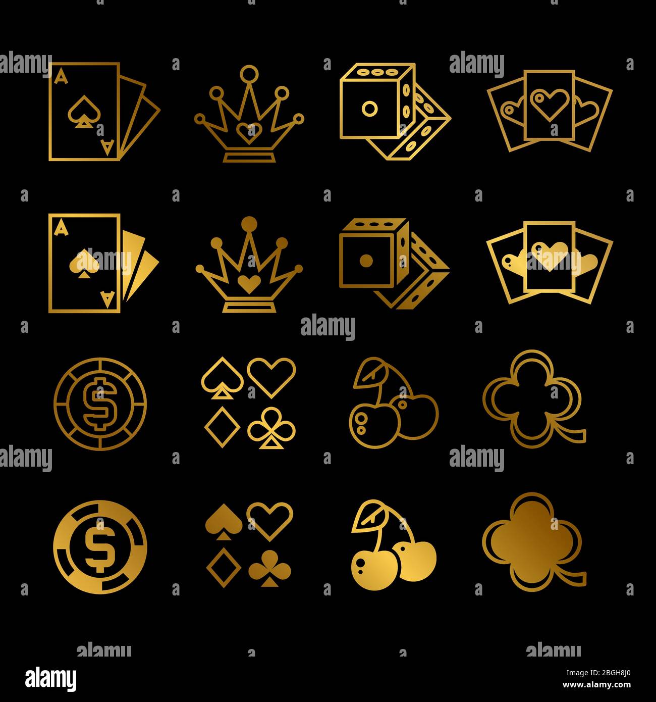 Golden casino, gioco d'azzardo, linea di poker e silhouette vettoriale icone di set isolato illustrazione Illustrazione Vettoriale