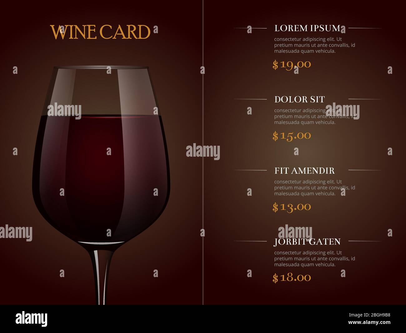 Modello di menu con carta dei vini con un realistico bicchiere di vino rosso. Menu del ristorante bevande, wineglass drink. Illustrazione vettoriale Illustrazione Vettoriale