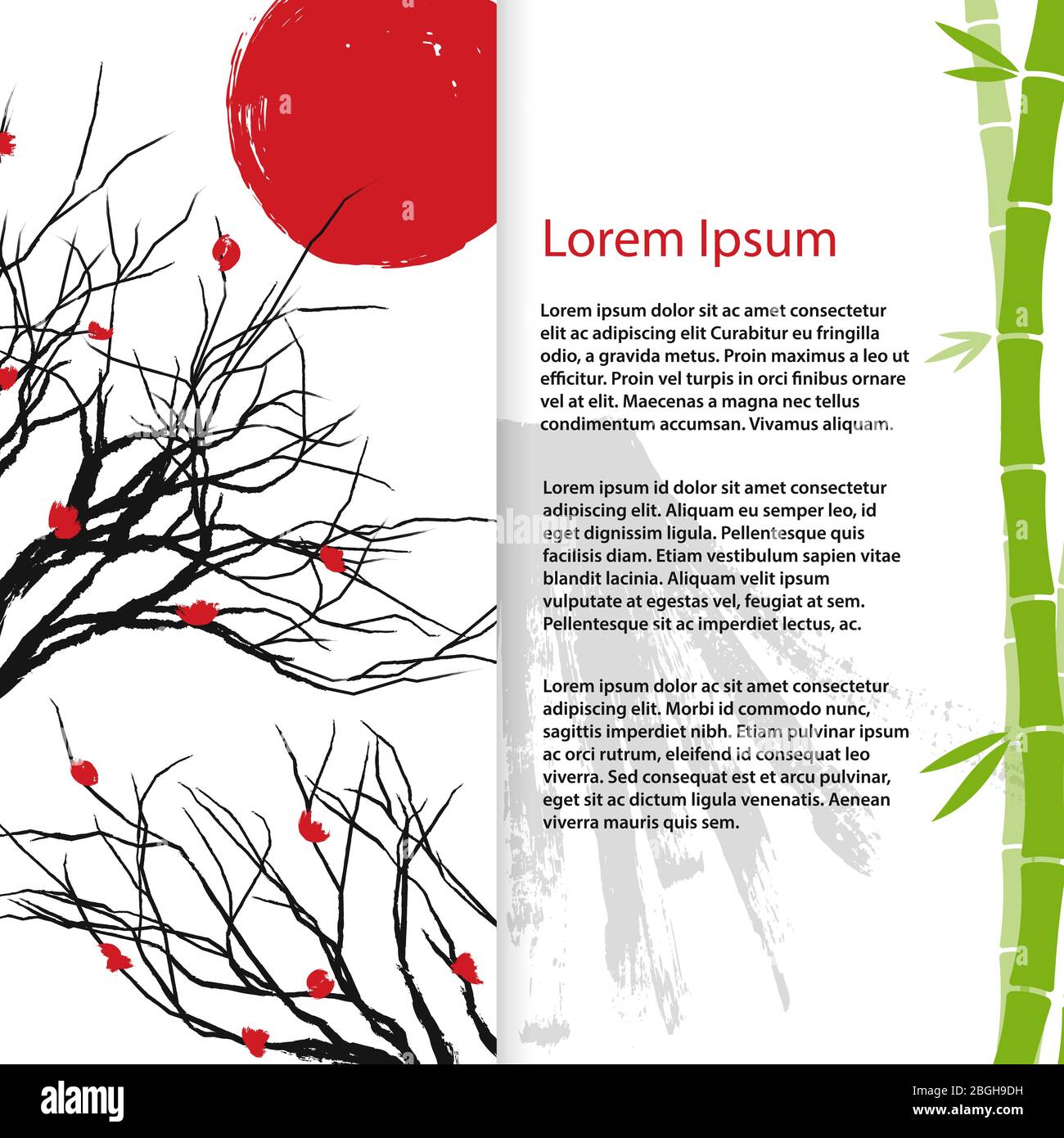 Modello banner di stile asiatico. Disegno di sfondo dei simboli Vector giapponese e cinese. Illustrazione di poster con albero e sole rosso Illustrazione Vettoriale