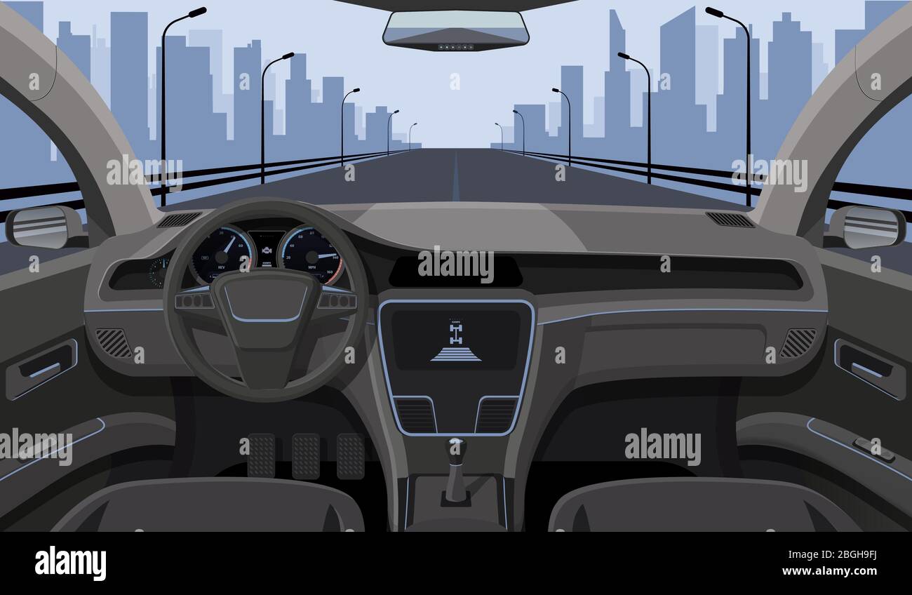 Vista interna del conducente con timone, pannello anteriore del cruscotto e autostrada nel parabrezza, cartoni animati con illustrazione vettoriale. Interno di automobile, auto di velocità di azionamento Illustrazione Vettoriale