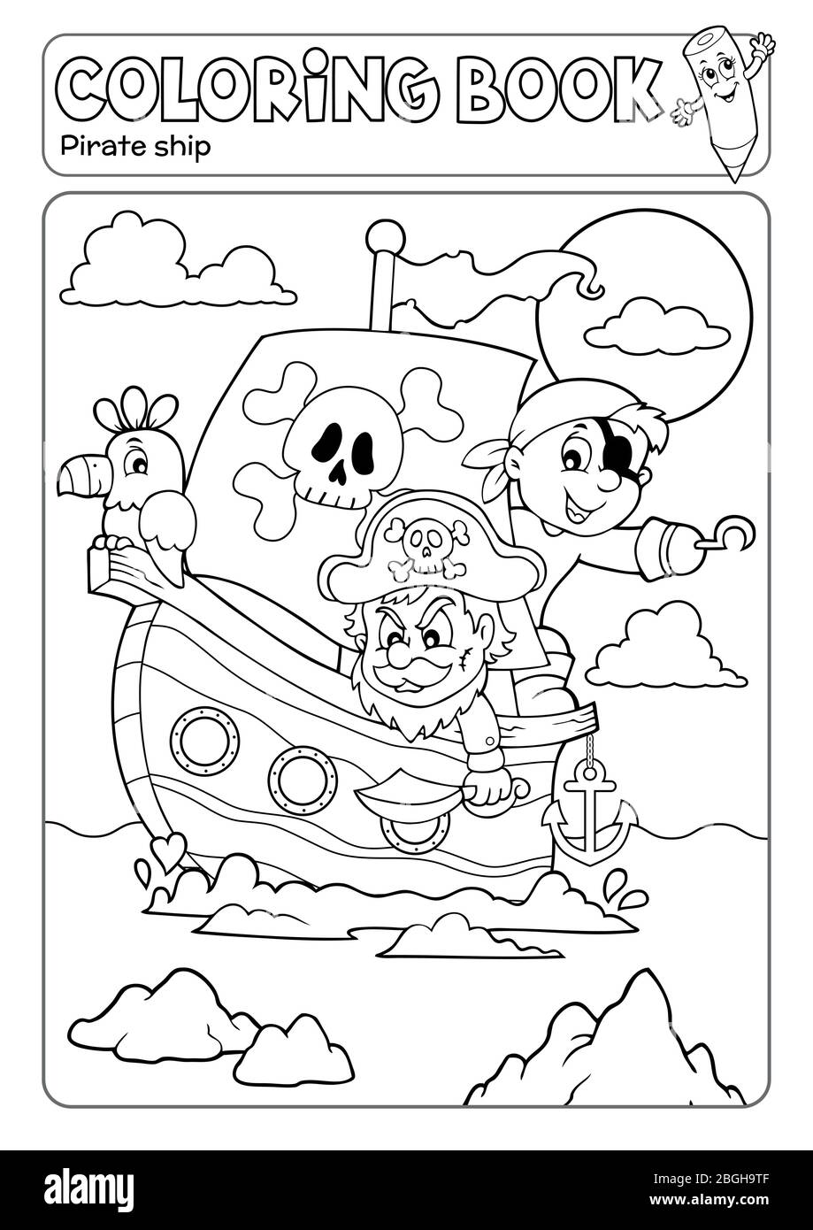 Libro da colorare pirata barca tema 2 - eps10 illustrazione vettoriale. Illustrazione Vettoriale