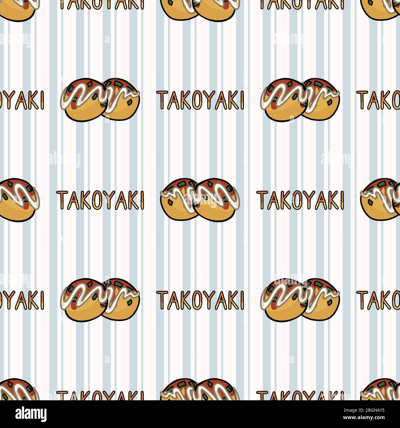 Cute takoyaki giapponese bento box pasto con testo senza cuciture vettore modello. Palle di polpo orientali disegnate a mano. Kawaii pesce di strada cibo per tutti i viaggi Illustrazione Vettoriale