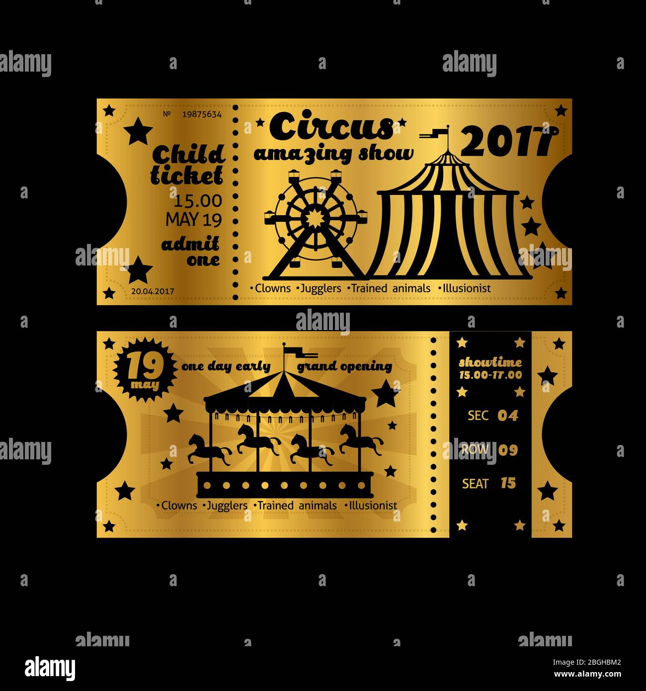 Invito a feste d'epoca. Retro circo carnevale modello biglietto d'oro Vector biglietti isolati su sfondo nero. Illustrazione del coupon e dell'annuncio Illustrazione Vettoriale