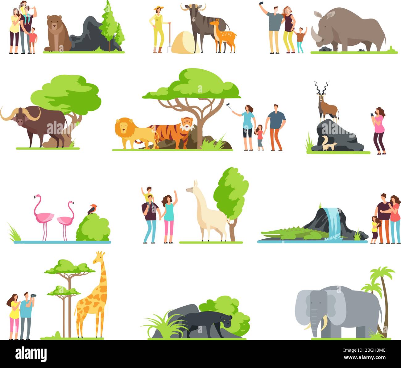 Famiglie felici, bambini con genitori e animali selvatici zoo nel parco faunistico. Cartoni animati vettoriali isolati su sfondo bianco. Illustrazione di giraffa e uccello, orso e pantera Illustrazione Vettoriale