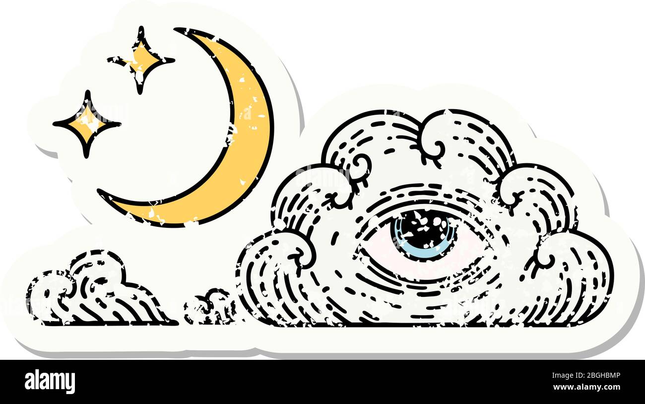 tatuaggio sticker in stile tradizionale di stelle lunari e nuvole Illustrazione Vettoriale