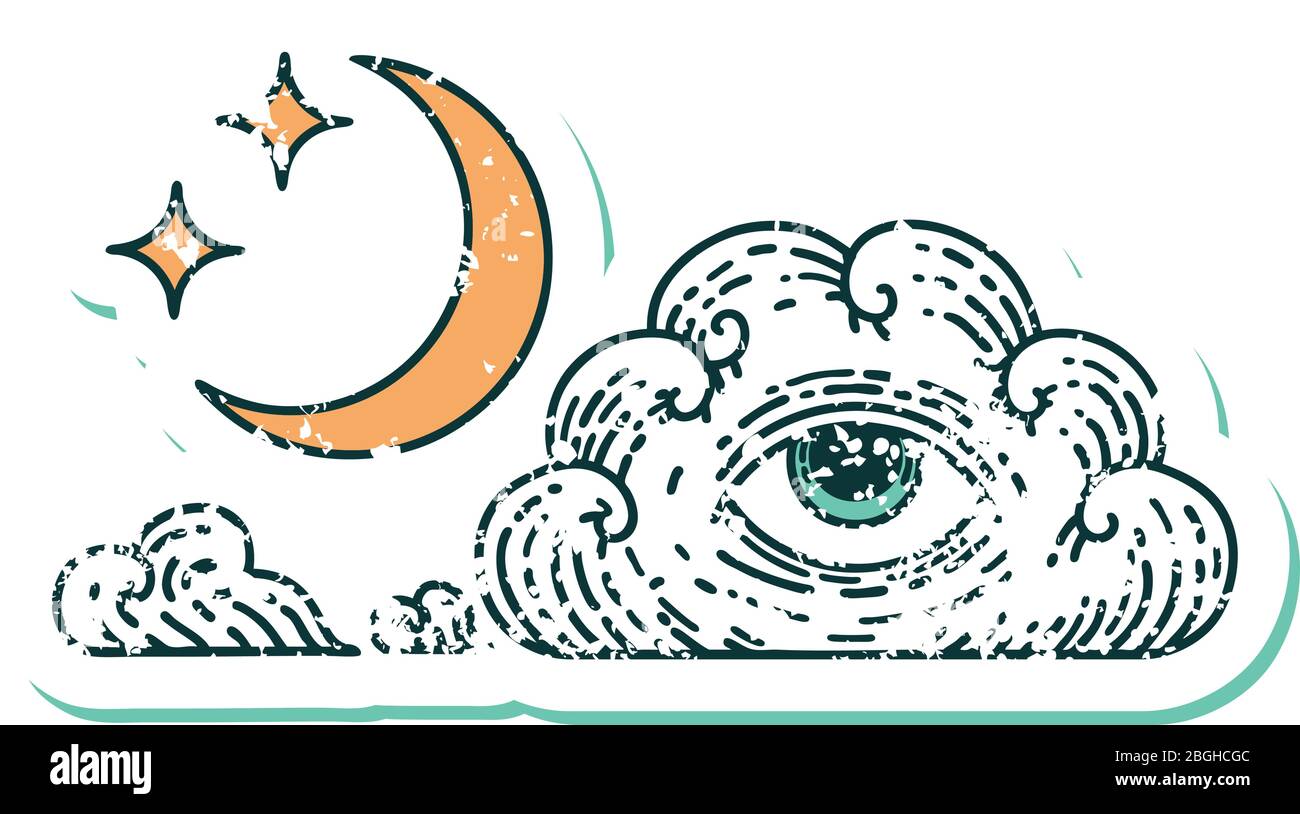iconico adesivo in stile tatuaggio in stile stellato di luna e nuvola Illustrazione Vettoriale