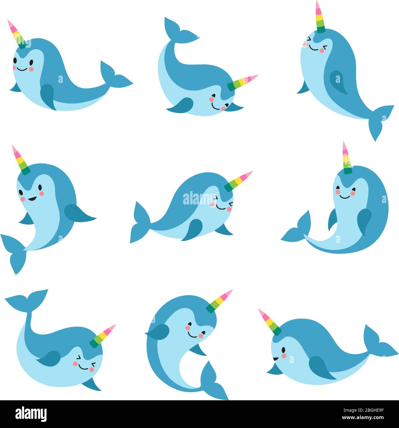 Carino cartoon anime unicorn narwhal. Personaggi divertenti del vettore delle balene kawaii baby. Animale personaggio nuoto, acquatica affascinante e amichevole mitica illustrazione di pesce Illustrazione Vettoriale