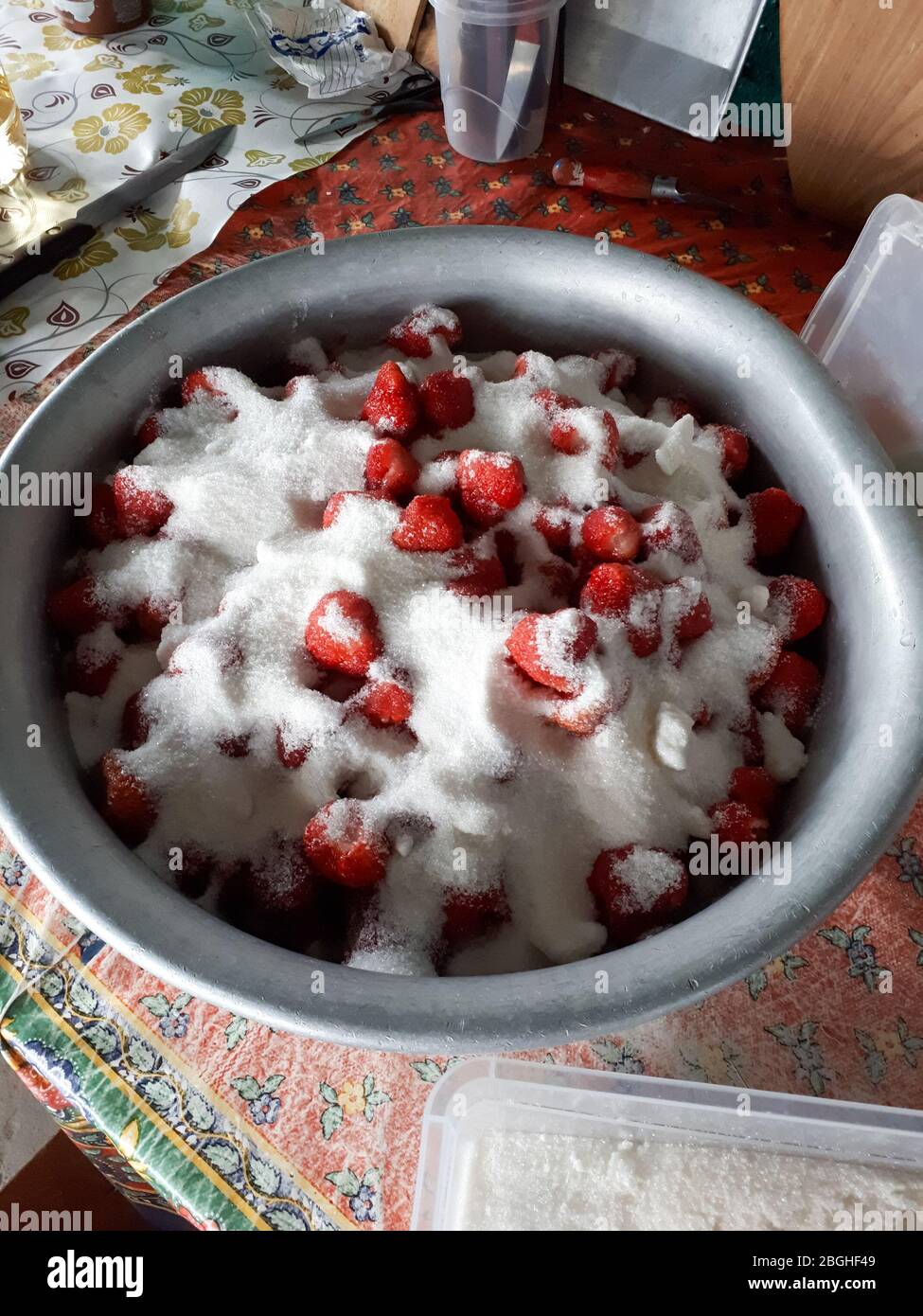 Fragole con zucchero in un bacino. Frutti di bosco per la cottura. Foto Stock