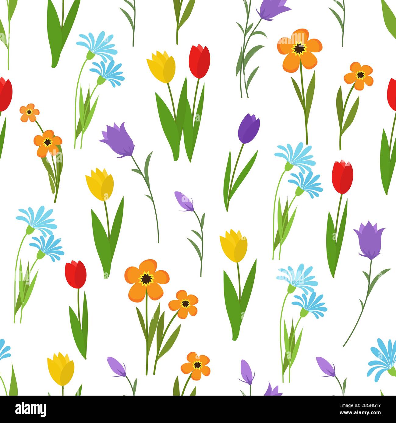 Giardino primaverile ed estivo e fiori selvatici con motivi senza cuciture. Natura floreale sfondo vettoriale. Illustrazione di primavera floreale e motivo estivo Illustrazione Vettoriale