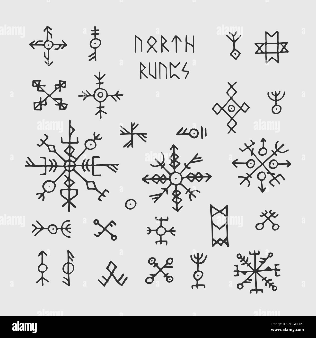 Futhark norse viking rune e talismani. Simboli occulti del vettore nordico pagano per il tatuaggio. Illustrazione runica della magia gotica scandinava Illustrazione Vettoriale