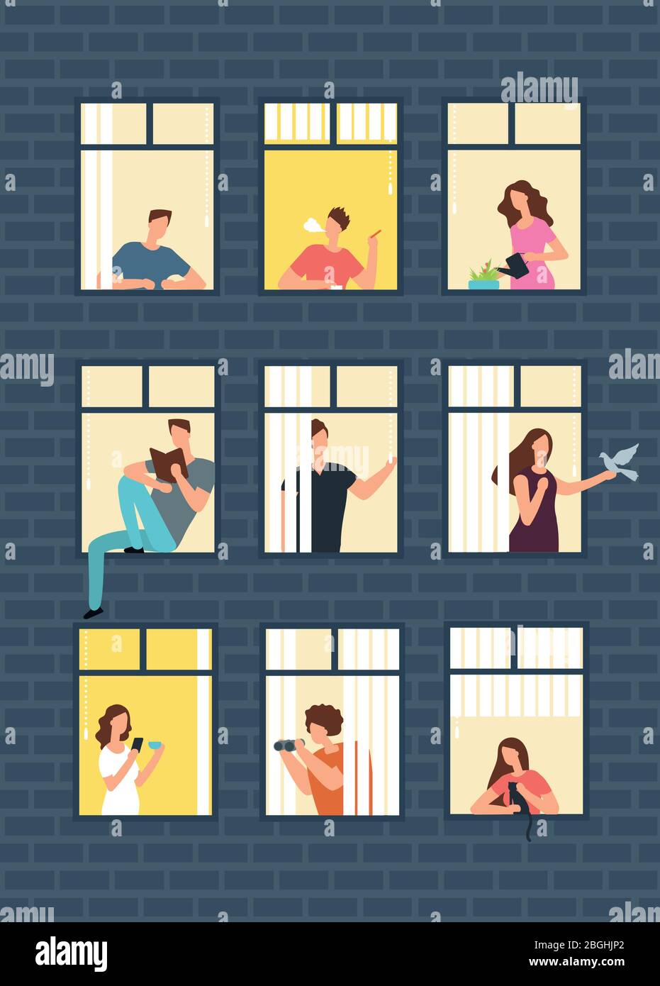 Vicini cartoni animati persone in case appartamento finestre. Concetto di vettore di quartiere. Edificio con finestra e uomo, illustrazione donna Illustrazione Vettoriale