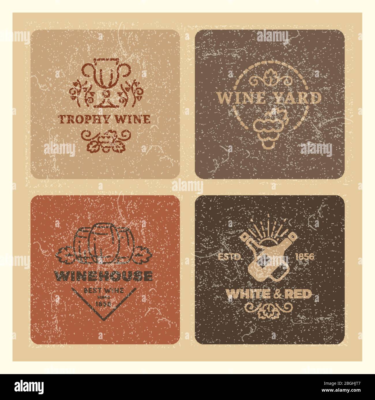 Grunge logo vino del set. Illustrazione degli emblemi vettoriali di vino da hipster d'epoca Illustrazione Vettoriale