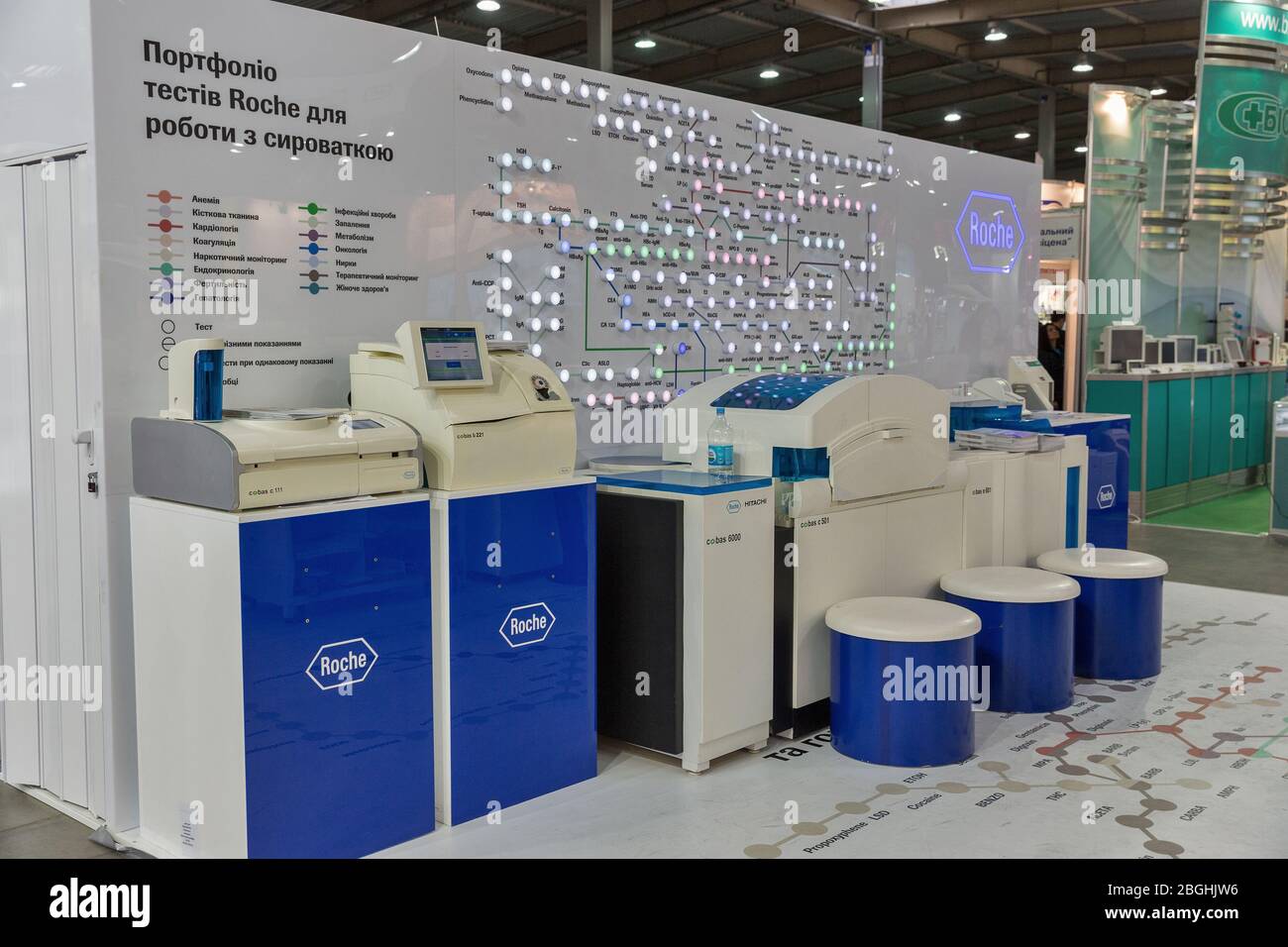 KIEV, UCRAINA - 20 APRILE 2016: Sistemi di test del siero Roche presso lo stand durante il VII International Medical Forum. Hoffmann-la Roche AG è una multinazionea svizzera Foto Stock