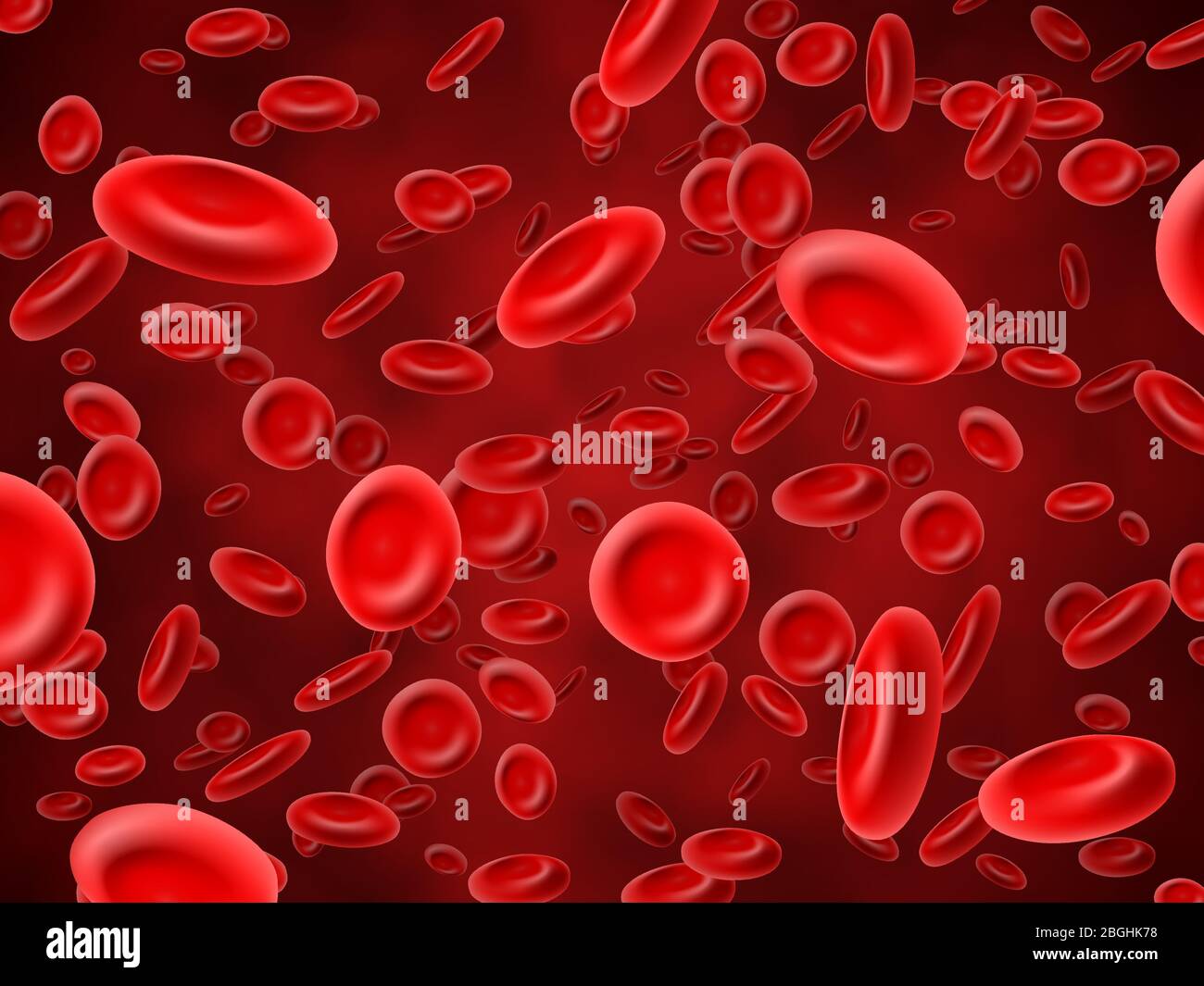 Globuli rossi. Sfondo del vettore ematologico medico con macro eritrociti 3d. Illustrazione dello streaming dell'emoglobina closeup, plasma con eritrociti Illustrazione Vettoriale