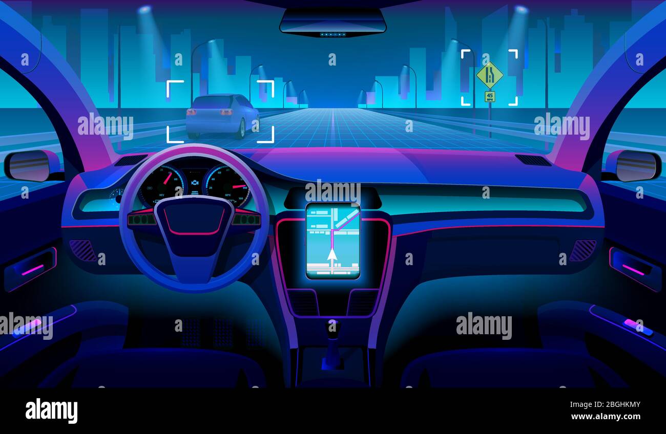 Futuro veicolo autonomo, abitacolo senza conducente con ostacoli e paesaggio notturno all'esterno. Concetto vettoriale futuristico di assistente auto. Sistema di navigazione del conducente con sensori per l'illustrazione del veicolo Illustrazione Vettoriale