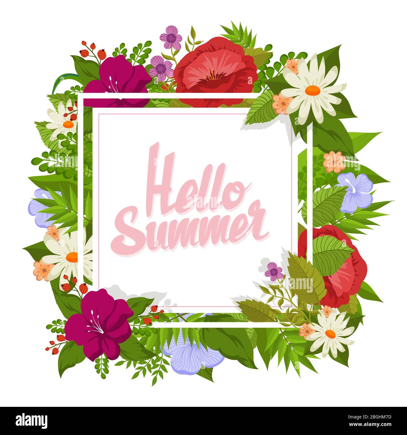 Sfondo vettoriale con fiori di cartone animato. Ciao estate disegno floreale per la carta. L'illustrazione di fiori colorati floreali, banner natura pianta tropicale Illustrazione Vettoriale