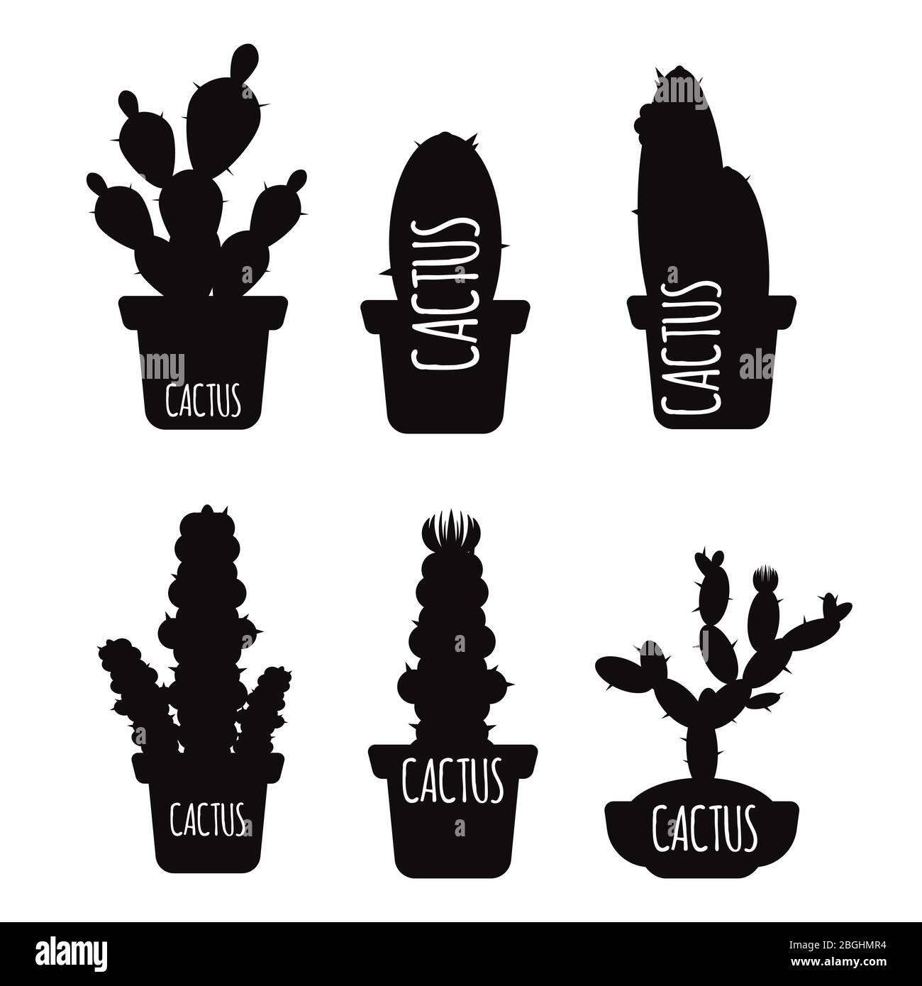 Silhouette in cactus nero del set isolato su sfondo bianco. Illustrazione vettoriale Illustrazione Vettoriale