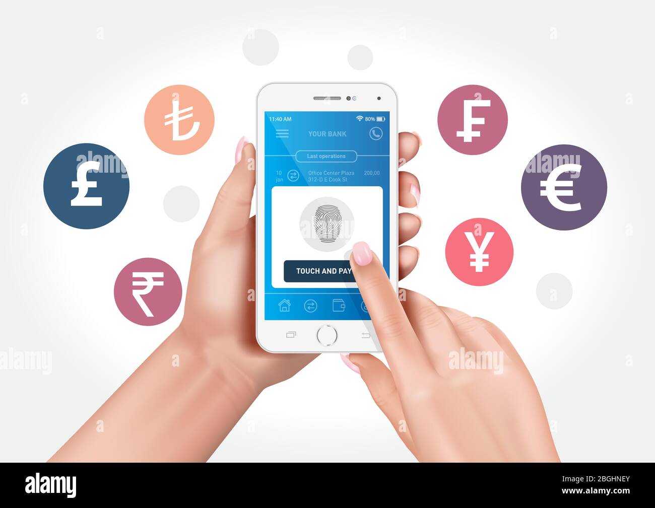 Grafica vettoriale che mostra le mani che tengono uno smartphone con un'applicazione di banking con impronte digitali. Illustrazione Vettoriale