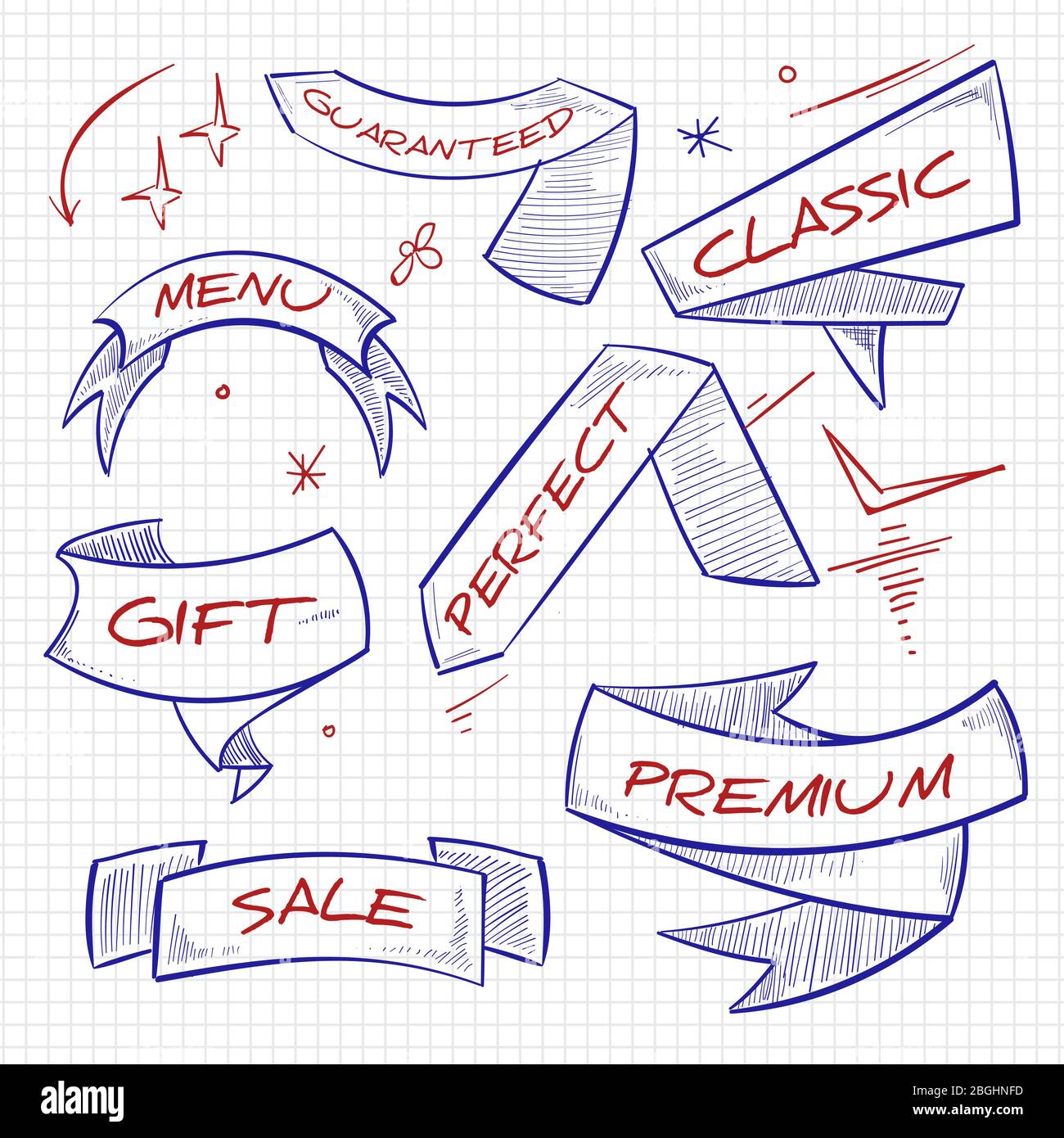 Disegno di shopping, commercio, banner pubblicitari su bianco. Illustrazione vettoriale Illustrazione Vettoriale