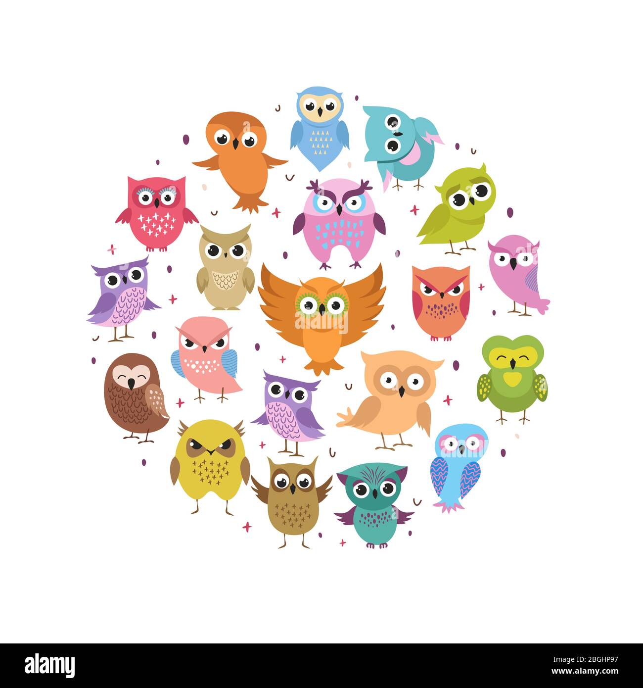 Carino gufi banner rotondo. Cartoon divertente foresta uccelli set. Collezione di cartoni animati di foresta di gufo colorato. Illustrazione vettoriale Illustrazione Vettoriale