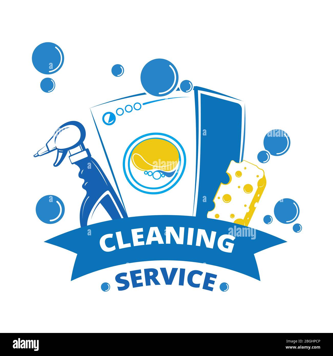 Design dell'etichetta di servizio di pulizia. Logo per bucato giallo e blu. Etichette per bucato e lavatrici, spugna e spray. Illustrazione vettoriale Illustrazione Vettoriale