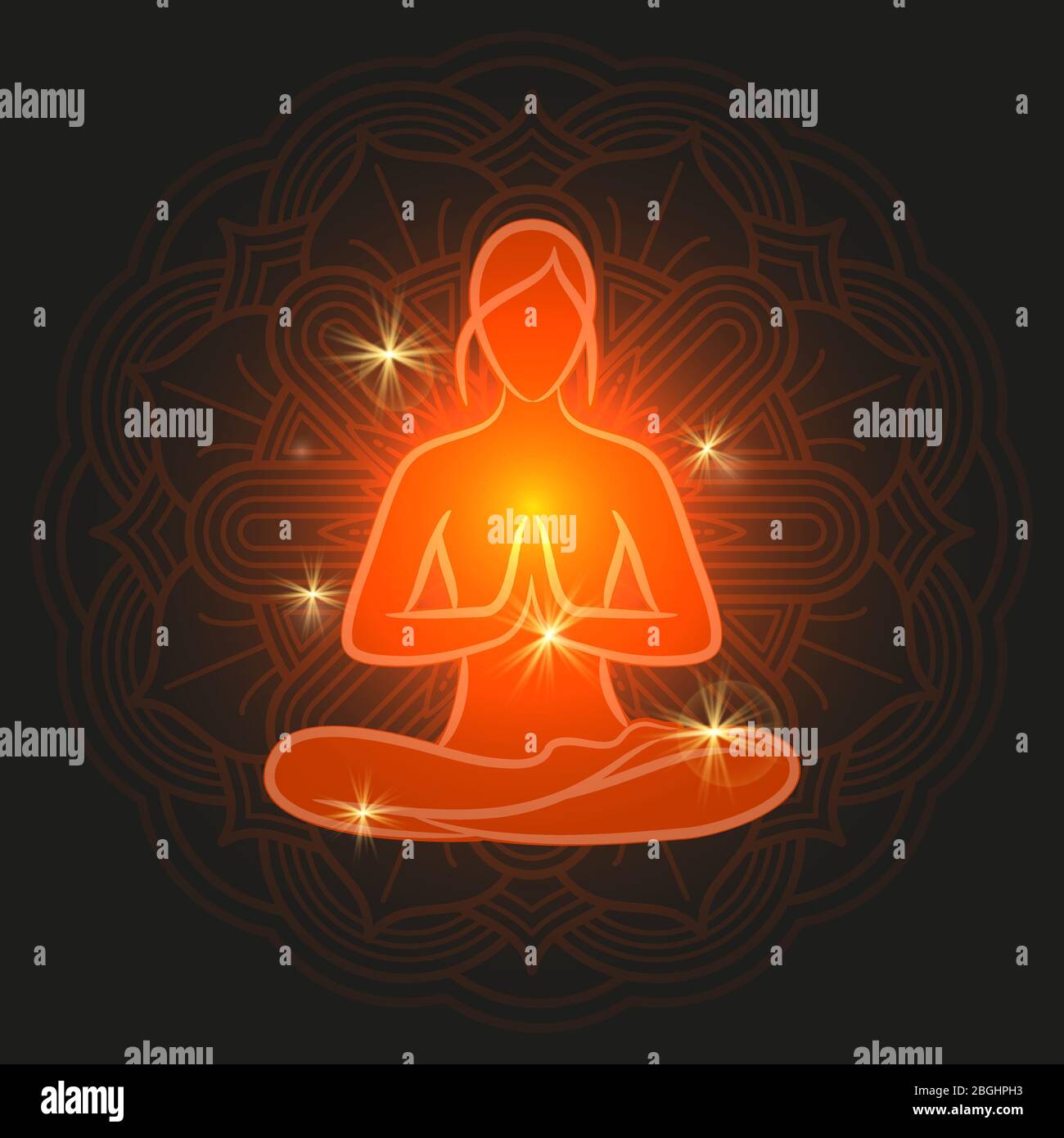 Shine meditazione silhouette con mandala fiore isolato su nero. Illustrazione vettoriale Illustrazione Vettoriale