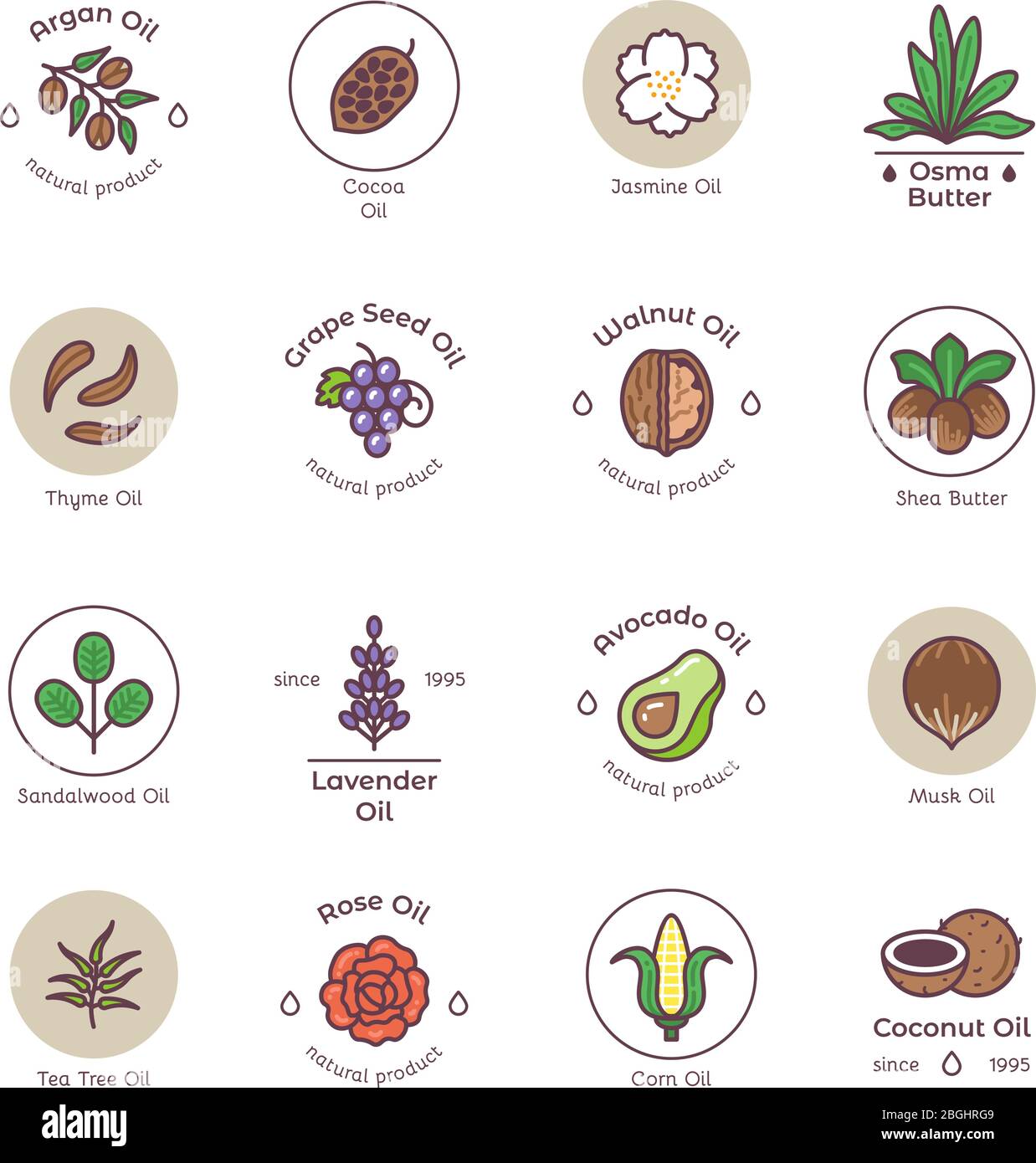 Skincare e bellezza linea di prodotti cosmetici biologici Oil Vector emblemi e loghi. Illustrazione dell'albero del tè dell'olio naturale, dell'olio di cocco e dell'avocado Illustrazione Vettoriale