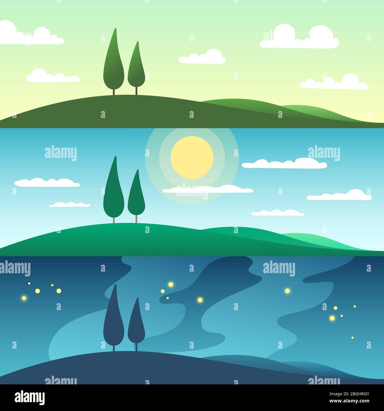 Bellissimo paesaggio estivo in diversi momenti del giorno. Illustrazione vettoriale dei cartoni animati. Tramonto in natura, tempo mattina e sera Illustrazione Vettoriale