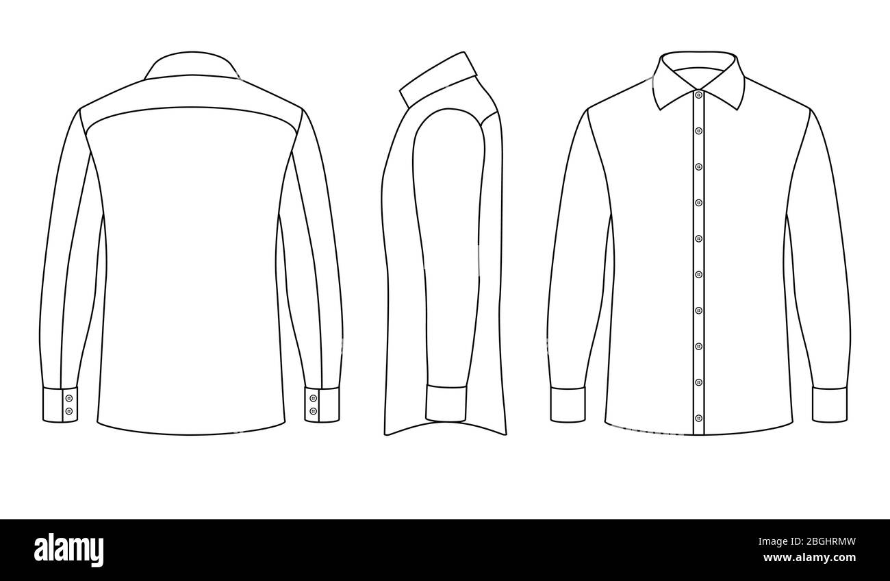 Maglia bianca business mans con maniche lunghe e bottoni davanti, lateralmente e dietro. Abbigliamento da uomo, illustrazione vettoriale Illustrazione Vettoriale