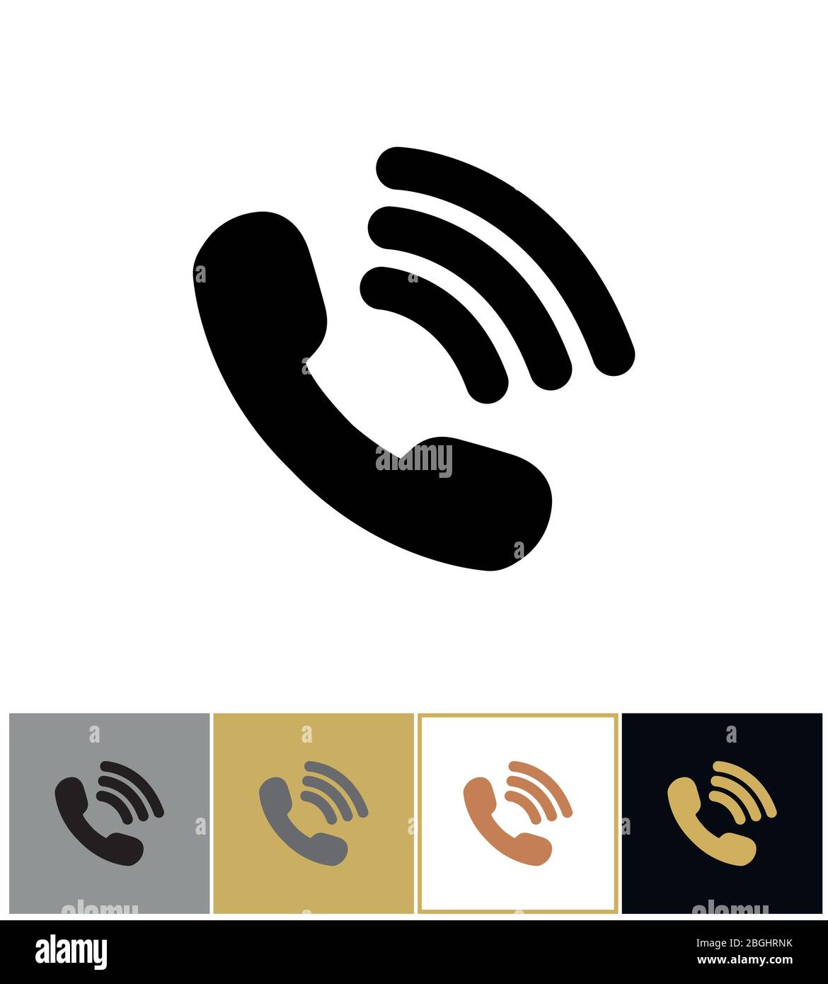 Icona del telefono, simbolo del telefono che parla su sfondi oro, nero e bianco illustrazione vettoriale. Segnale di comunicazione telefono Illustrazione Vettoriale