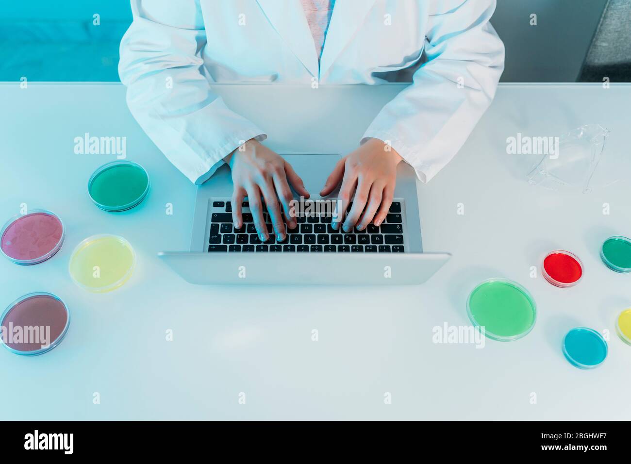 Vista dall'alto di una scienziata che scrive su un computer portatile in un laboratorio microbiologico utilizzando piastre Petri che indagano contro il coronavirus. Microbiolo Foto Stock