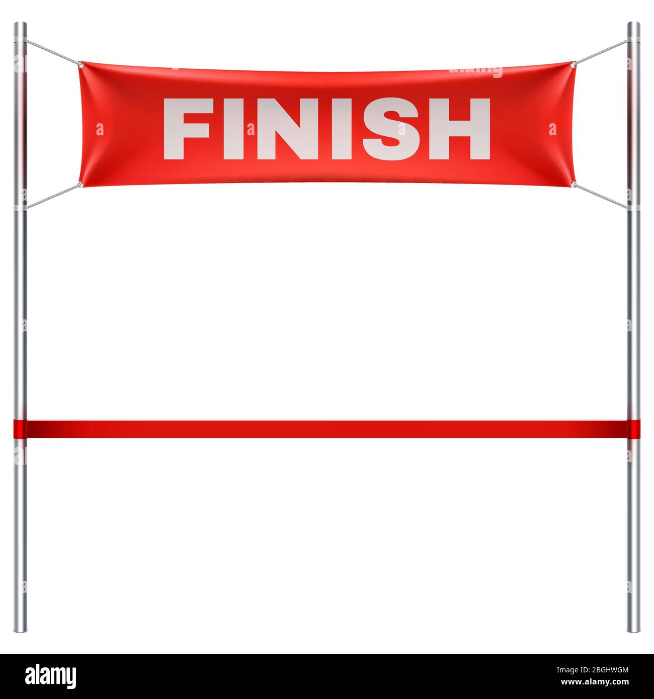 Linea di finitura con banner in tessuto rosso e illustrazione vettoriale del nastro isolato su sfondo bianco. Termina gara sportiva, vittoria e successo finale Illustrazione Vettoriale