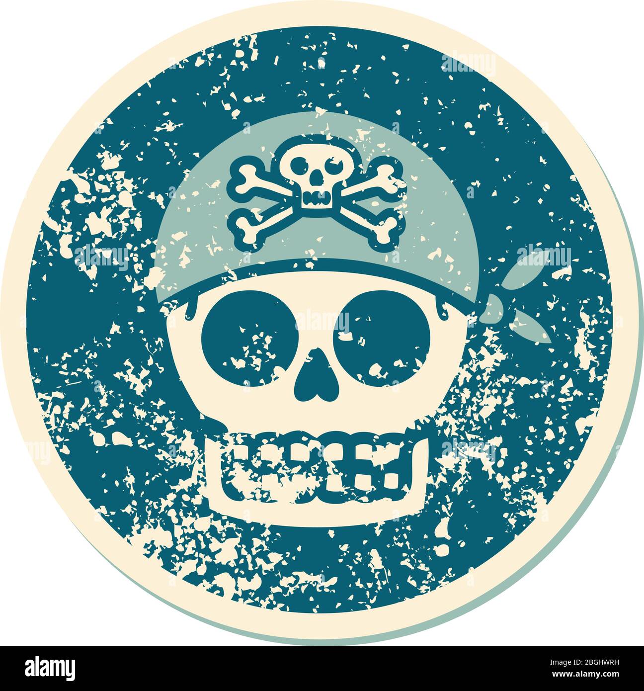iconico adesivo in stile tatuaggio in stile distese, raffigurante un teschio pirata Illustrazione Vettoriale
