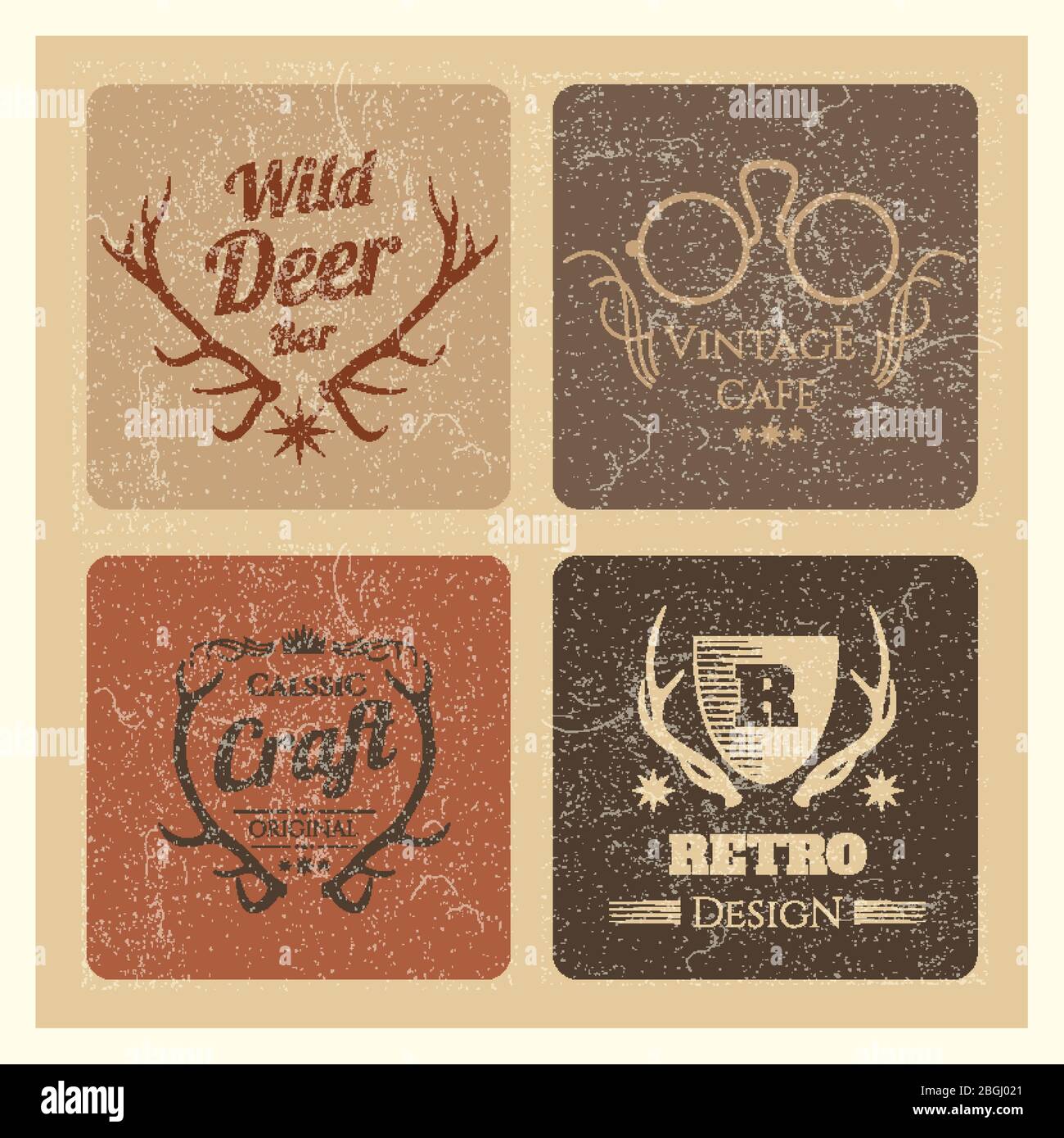 Set di etichette per hipster vintage. Vettore di collezione di logo Grunge alla moda per caffè e illustrazione del marchio Illustrazione Vettoriale