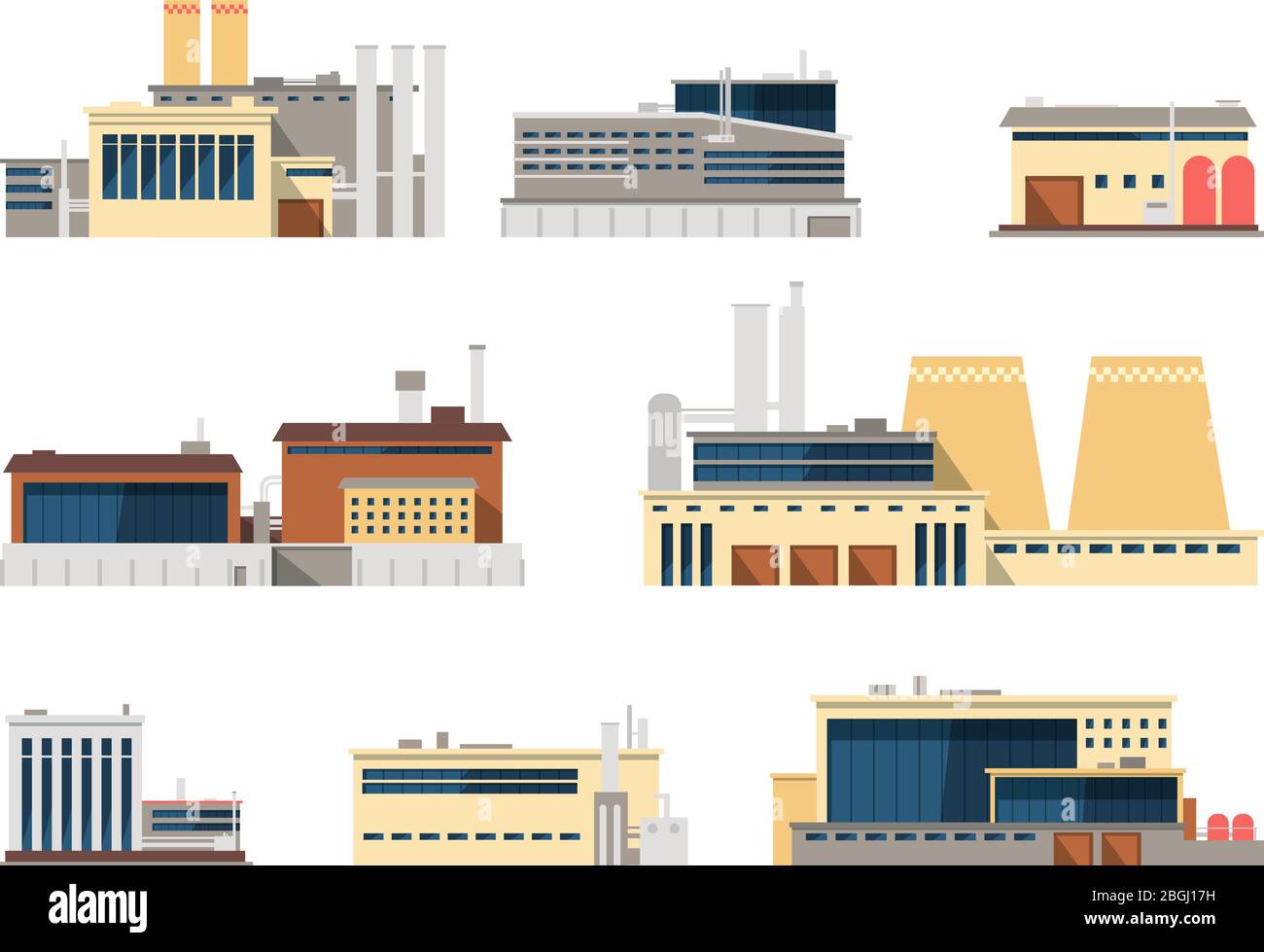 Icone vettoriali piatte esterne per impianti industriali e di produzione per il concetto industriale. Illustrazione impianto industriale esterno, edilizia industriale Illustrazione Vettoriale