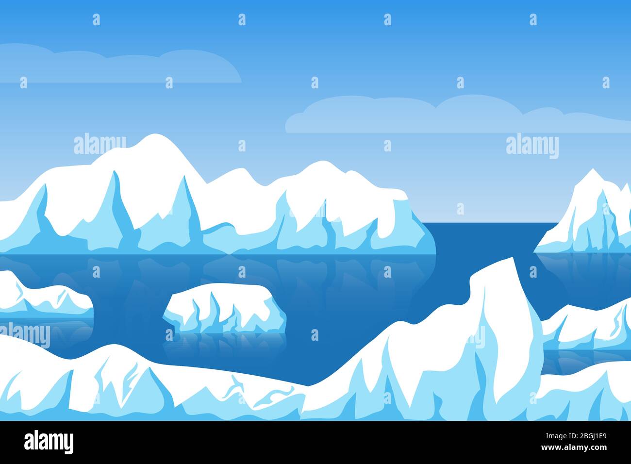 Cartoon inverno polare artico o antartico ghiaccio paesaggio con iceberg in mare vettore illustrazione. Ice berg in oceano, illustrazione artica del ghiacciaio Illustrazione Vettoriale