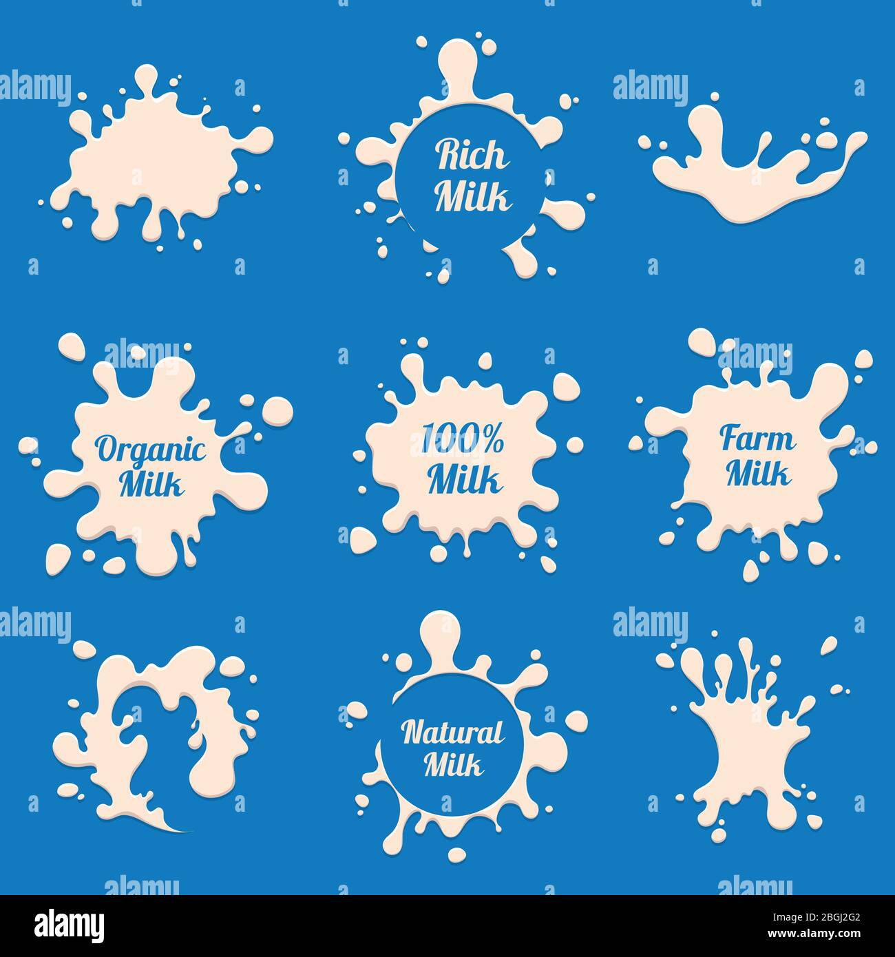 Il latte spruzza le etichette vettoriali. Badge pubblicitari prodotti caseari freschi per aziende agricole. Bevanda da latte, etichetta per schizzi per l'illustrazione della confezione Illustrazione Vettoriale