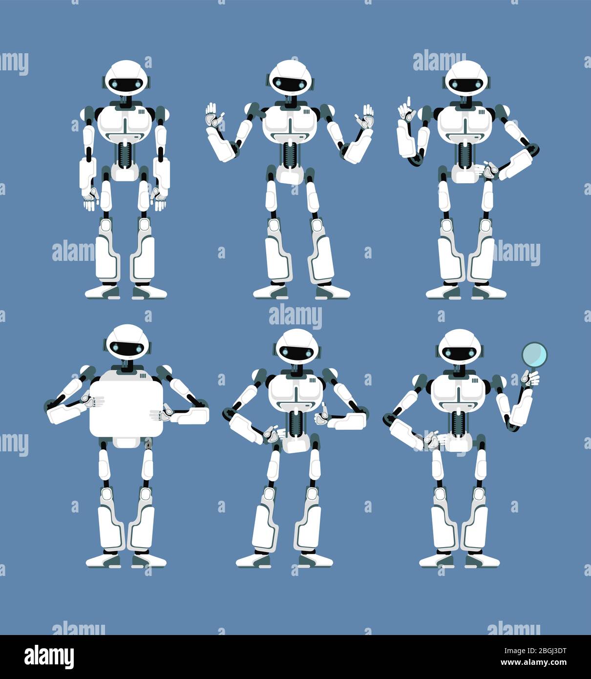 Robot cybernetico android con braccia bioniche e occhi in diverse pose. Carino cartoon scifi humanoid mascotte set. Collezione di robot artificiale futuristico, illustrazione vettoriale Illustrazione Vettoriale