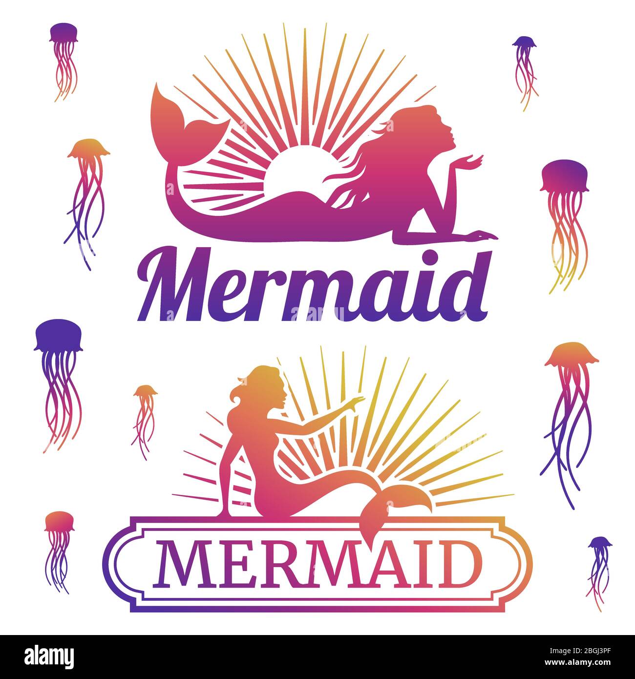 Meduse e silhouette color sirena. Etichette subacquee. Illustrazione vettoriale Illustrazione Vettoriale