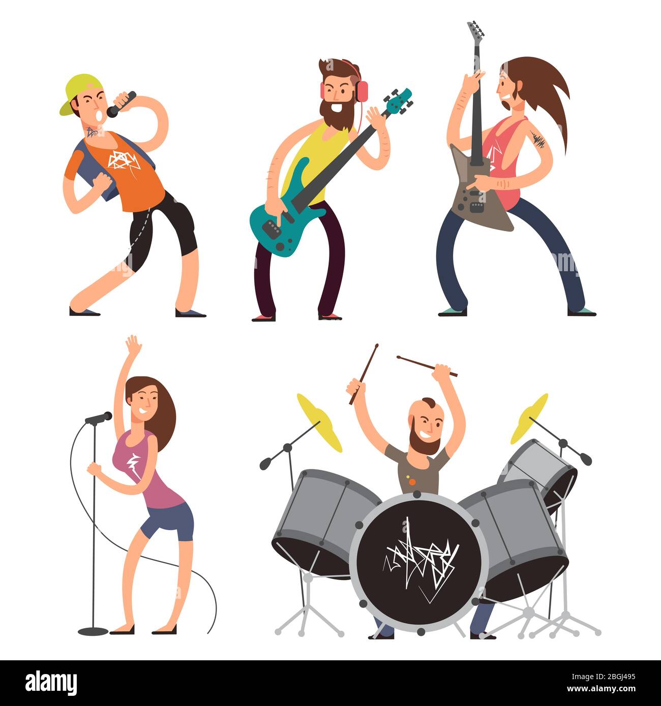 Musicisti e cantanti rock isolati su sfondo bianco. Musica band performance, giovane chitarrista artista, illustrazione vettoriale Illustrazione Vettoriale