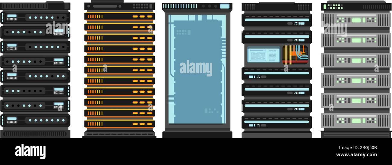 Moderni rack per server piatti. Server di processori per computer per sala server. Set vettoriale isolato su sfondo bianco. Illustrazione dell'apparecchiatura dati del computer, dell'hardware per il database Illustrazione Vettoriale