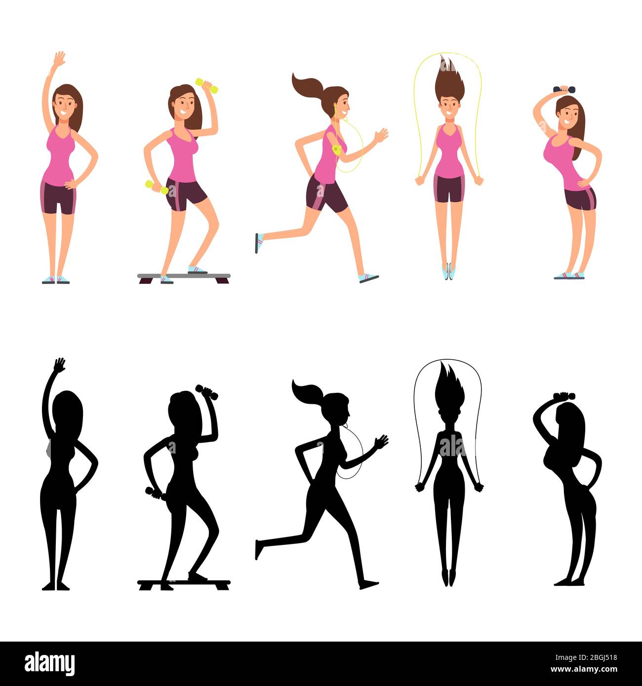 Personaggi sportivi donna. Silhouette fitness femminile Vector isolate su sfondo bianco. Allenamento di giovane ragazza con silhouette nera, illustrazione sportiva e attiva Illustrazione Vettoriale